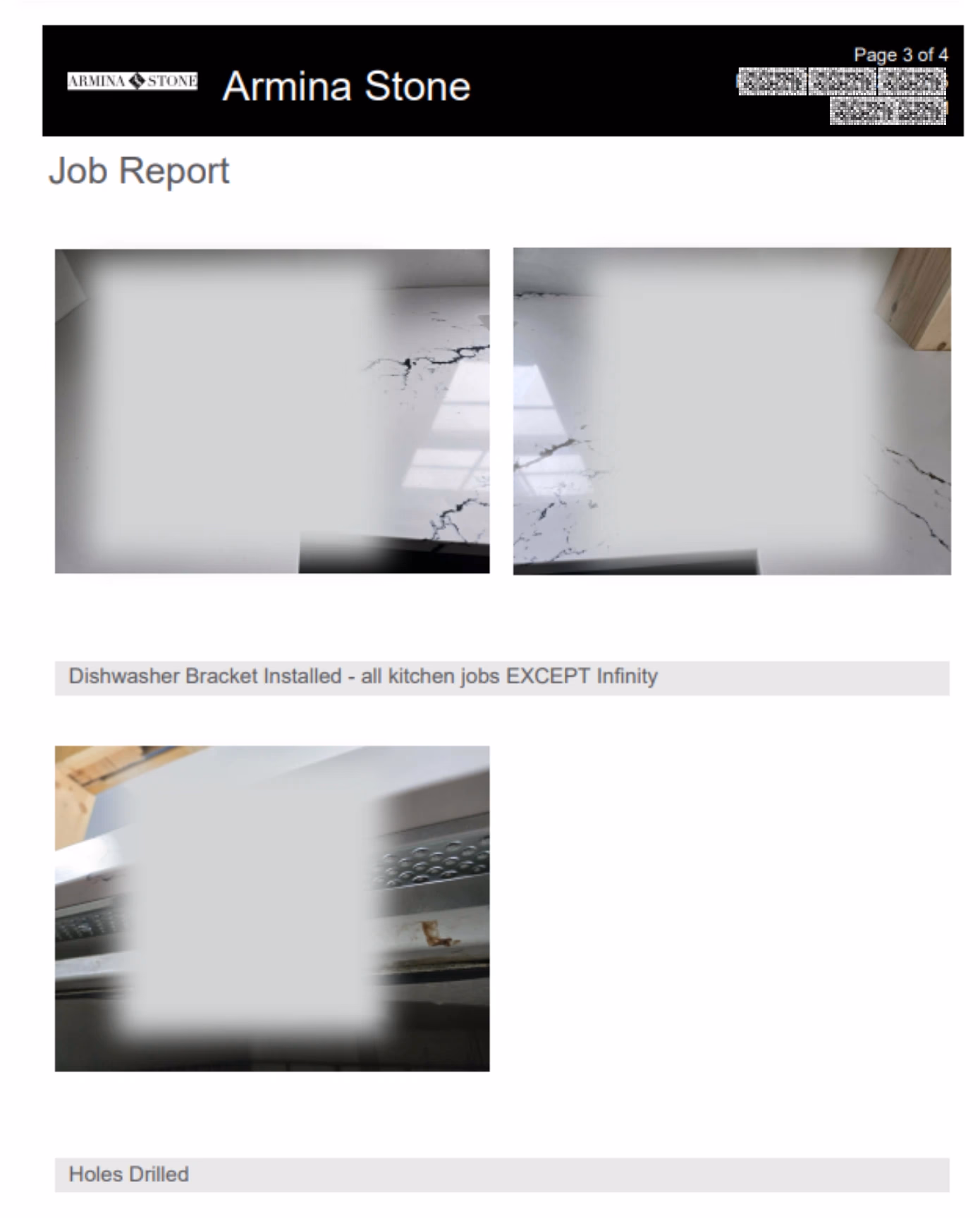 LATO AI Armina Stone job report with project photos showing countertop installation, dishwasher bracket setup, and drilled holes for construction quality tracking