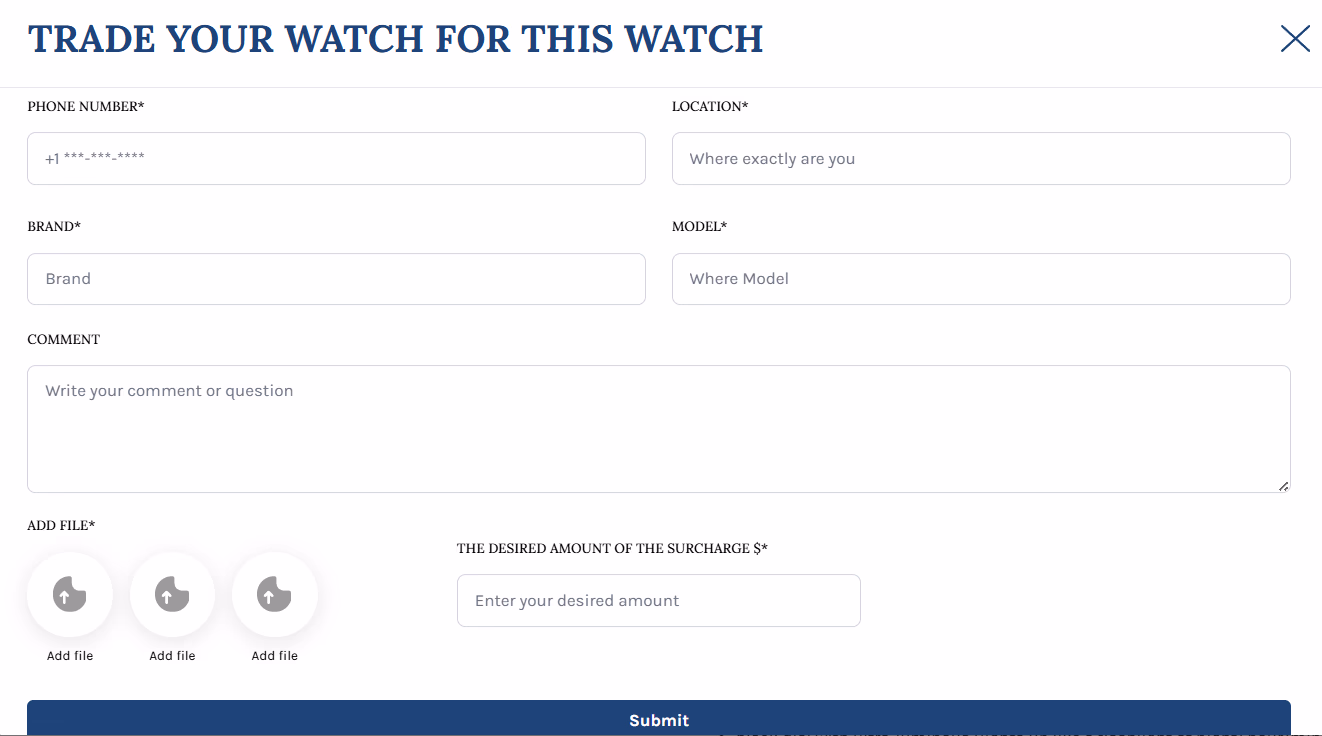 LATO AI Second Time trade your watch form allowing users to exchange their luxury watch by submitting brand, model, photos, and surcharge details in AI-powered watch marketplace