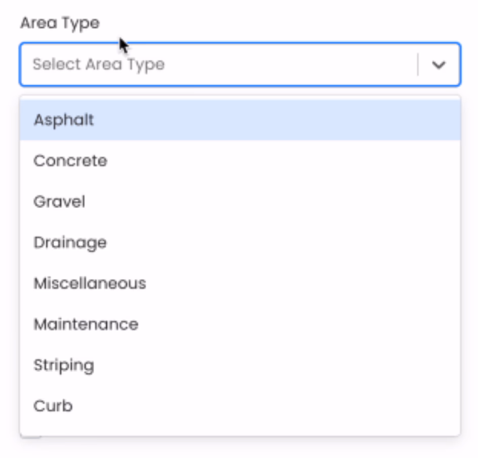 ChatGPT said: LATO AI The Pavement Group dropdown menu for Area Type selection, including options such as Asphalt, Concrete, Gravel, Drainage, Miscellaneous, Maintenance, Striping, and Curb for pavement zone classification.
