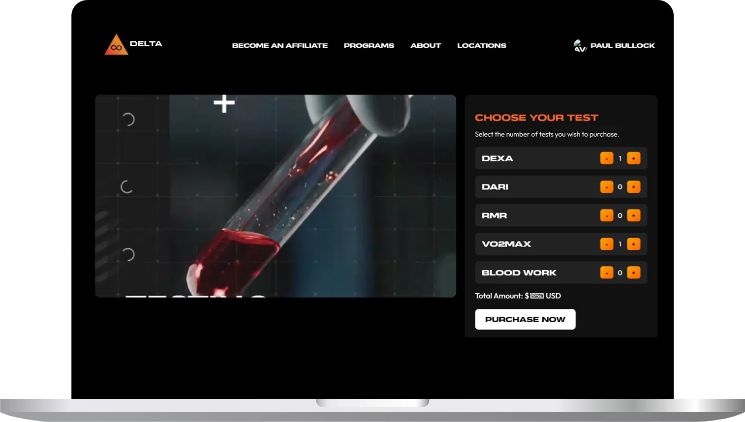 LATO AI Delta online platform checkout screen with test selection options for Dexa, DARI, RMR, VO2 Max, and blood work, alongside purchase summary and payment button.