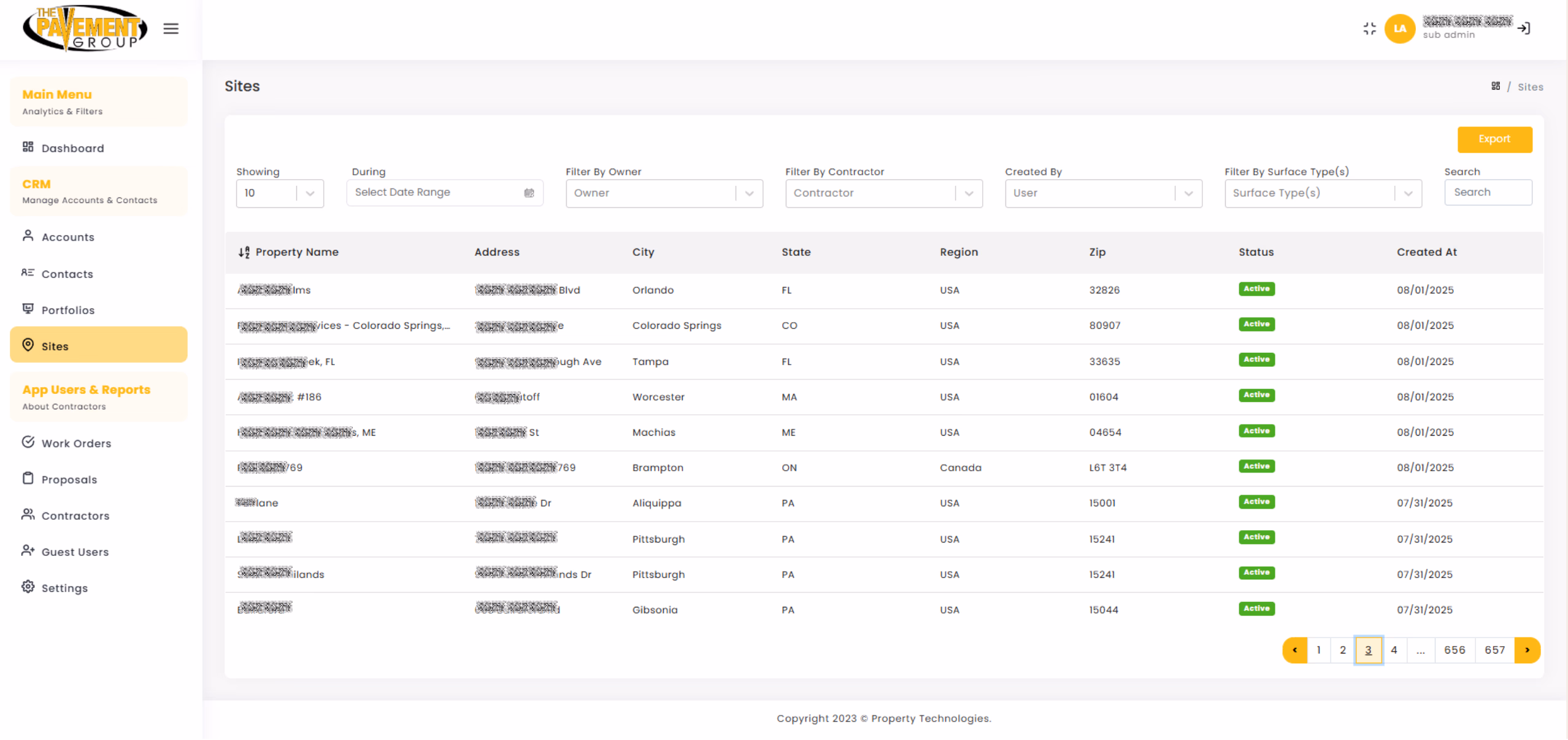 LATO AI The Pavement Group dashboard screenshot showing the Sites module with property names, addresses, cities, states, zip codes, status, and creation dates for active pavement management projects.