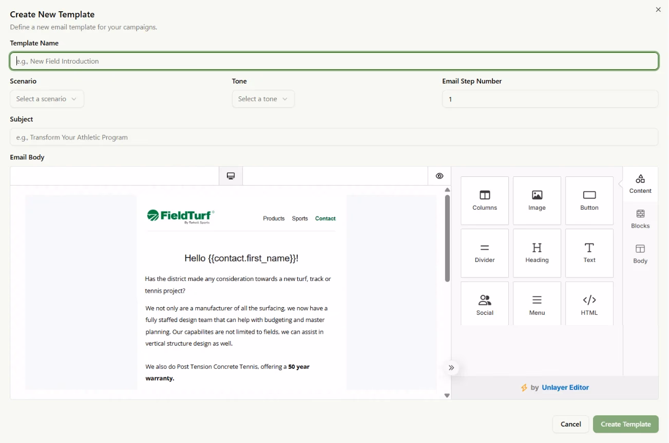 LATO AI FieldTurf platform screenshot of create new email template editor with subject, scenario, tone, and content blocks, enabling AI-powered outreach customization and personalized communication.