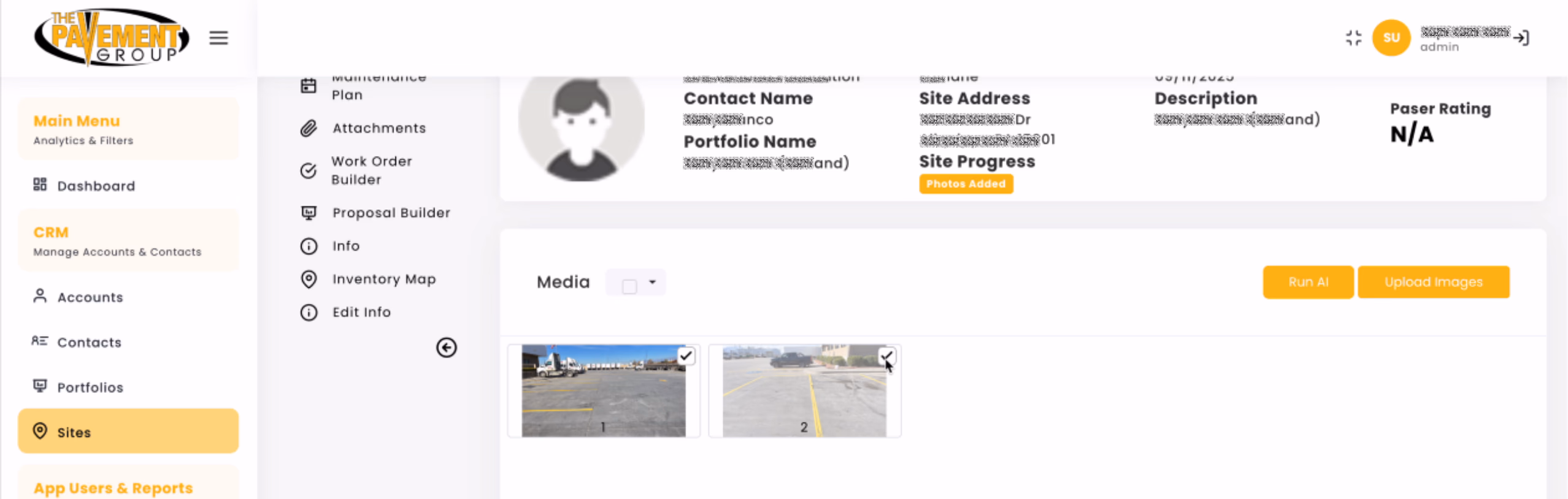 LATO AI The Pavement Group dashboard screenshot showing site assessment media upload, with progress marked as “Photos Added” and options to run AI analysis or upload new images for pavement condition evaluation.