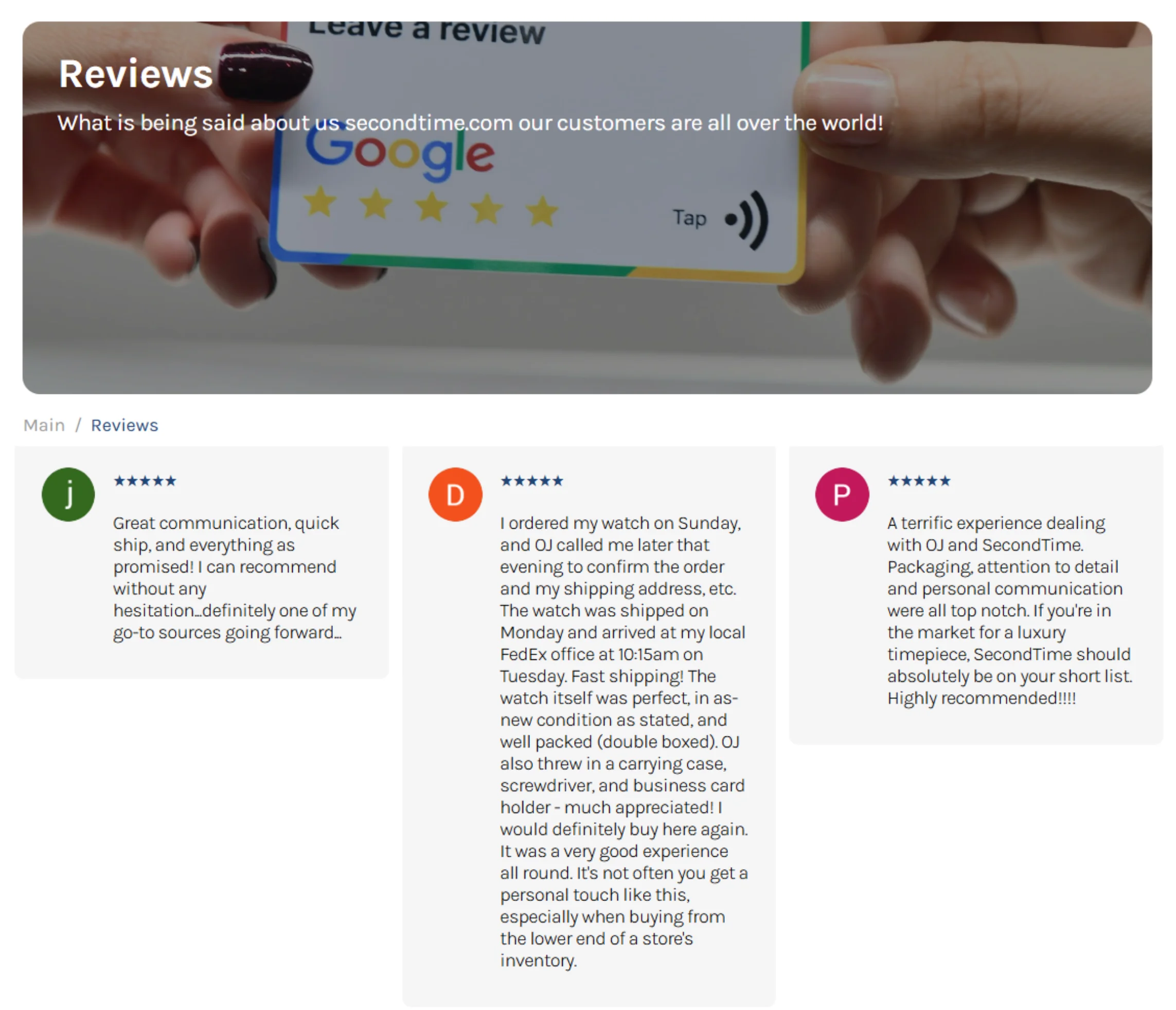 LATO AI Second Time customer reviews page showing 5-star ratings and testimonials about luxury watch purchases