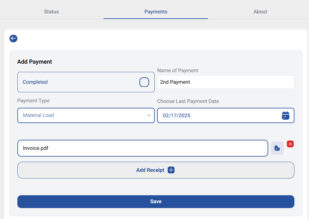 LATO AI Shly Deck & Fence payments dashboard showing add payment form with material load, invoice upload, and receipt management for construction projects