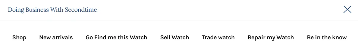 LATO AI Second Time website navigation menu with links to shop luxury watches, new arrivals, find a watch, sell watch, trade watch, repair watch, and be in the know