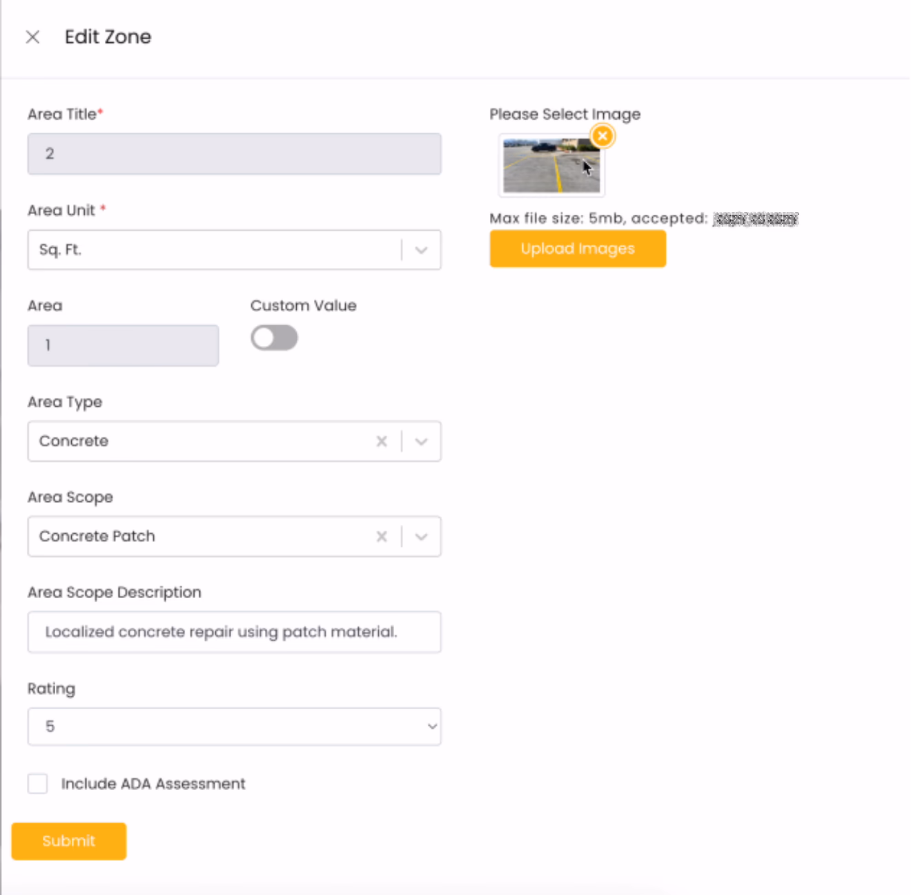 LATO AI The Pavement Group edit zone form screenshot showing concrete patch assessment details with rating, area scope description, and uploaded pavement condition image for AI-powered site evaluation.