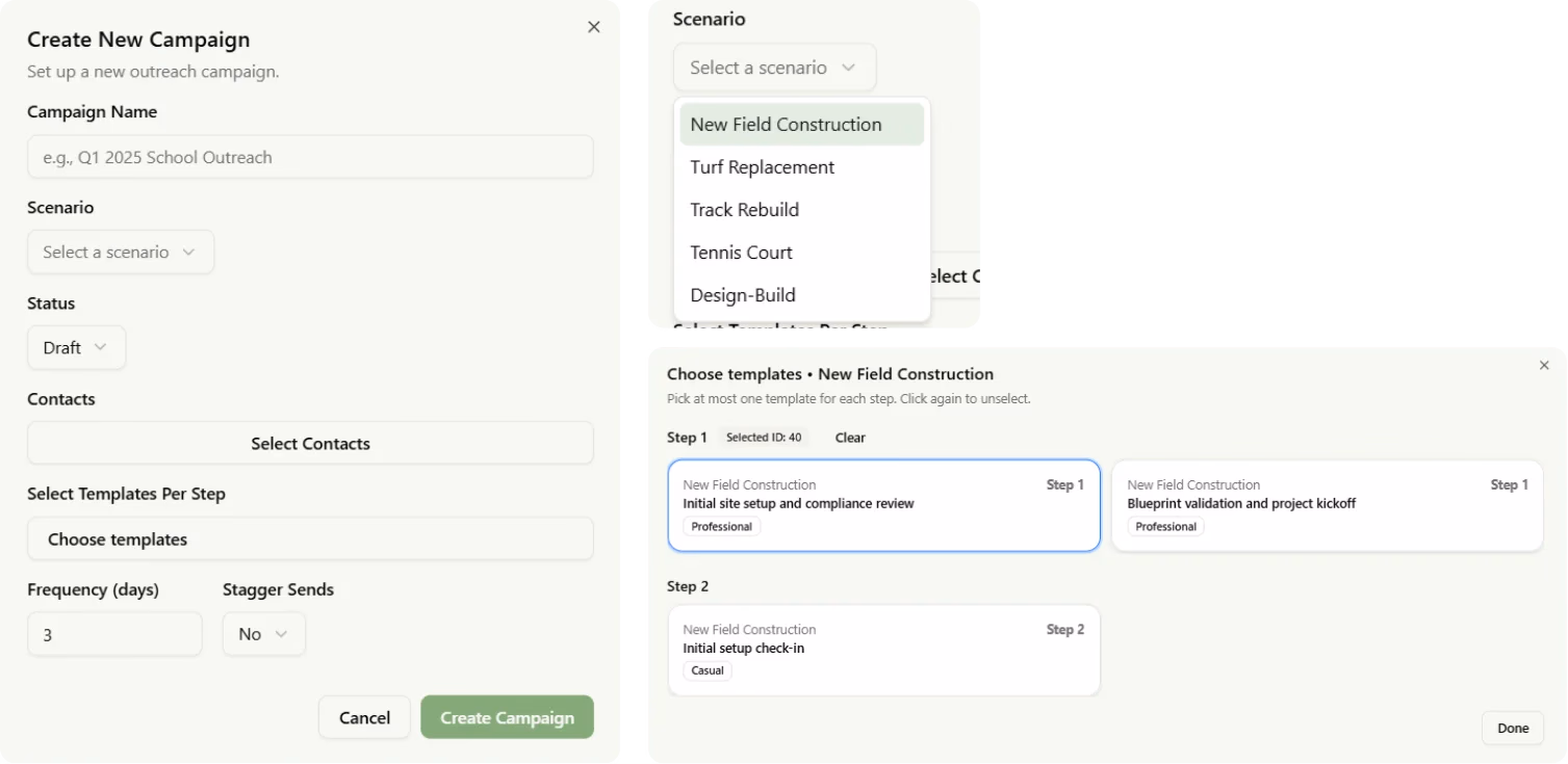 LATO AI FieldTurf platform screenshot of campaign creation interface with scenario selection, templates, and frequency settings, showcasing AI-powered outreach automation and workflow customization.