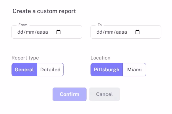 LATO AI Armina Stone custom report creation screen with date range, report type, and location options for automated construction reporting