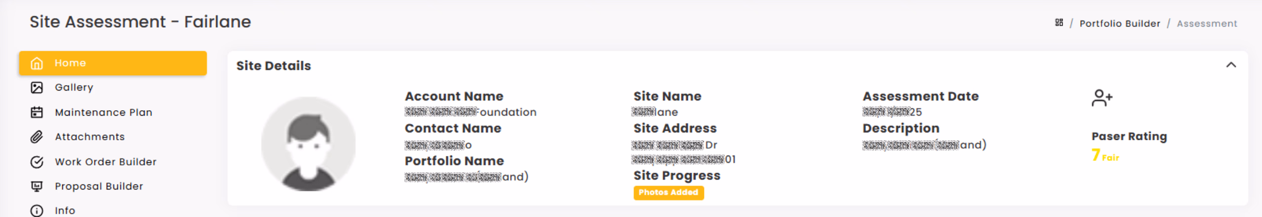 LATO AI The Pavement Group site assessment dashboard screenshot showing Fairlane project details with account, contact, address, photos added, and PASER rating of 7 marked as fair condition for pavement evaluation.