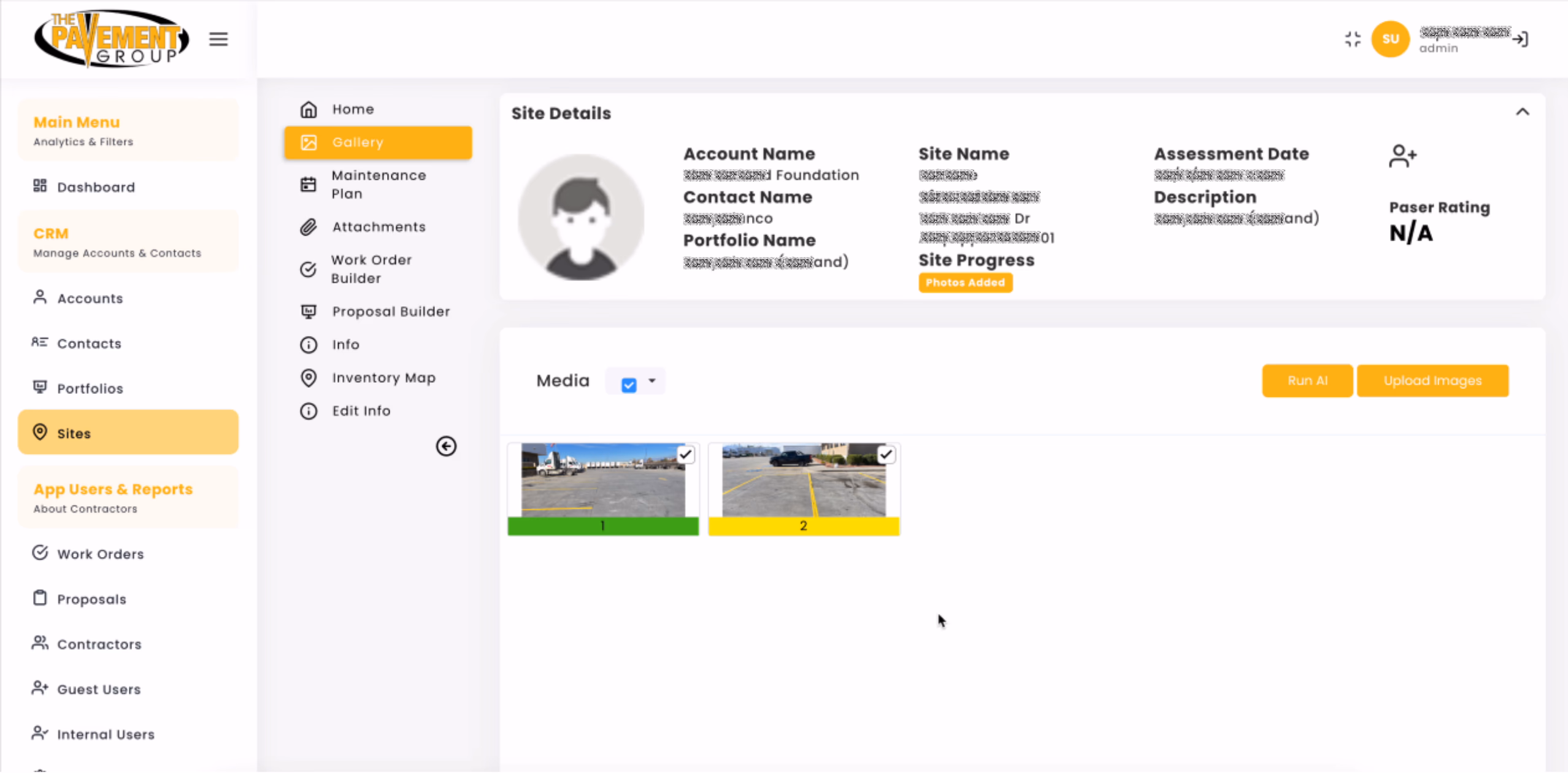 ChatGPT said: LATO AI The Pavement Group dashboard screenshot displaying site assessment details with media gallery, including uploaded pavement photos labeled with colored status indicators and an option to run AI analysis.