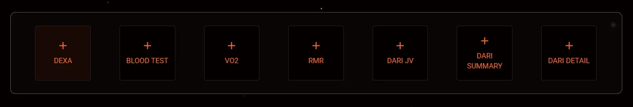 LATO AI Delta dashboard module selection panel with options for Dexa, blood test, VO2, RMR, and DARI performance reports.