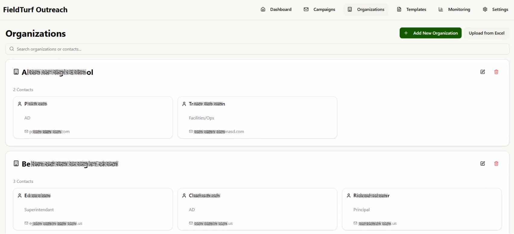 LATO AI FieldTurf platform screenshot showing organizations dashboard with multiple contacts, supporting AI-powered outreach management and centralized communication.