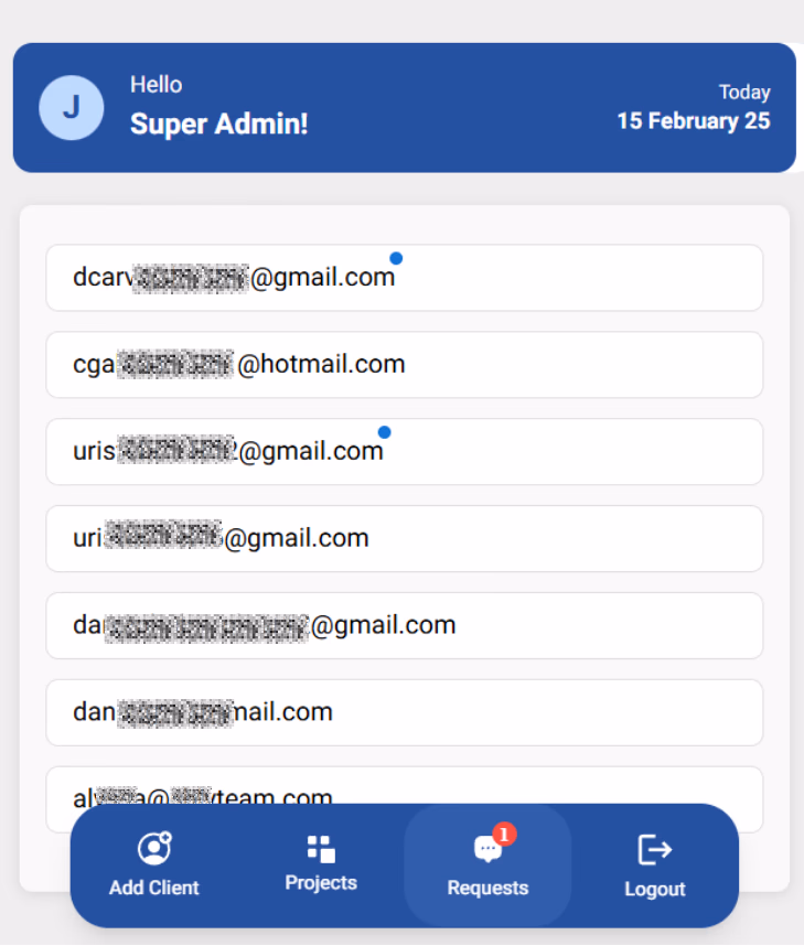 LATO AI Shly Deck & Fence admin dashboard showing client email accounts and user management options for construction reporting platform