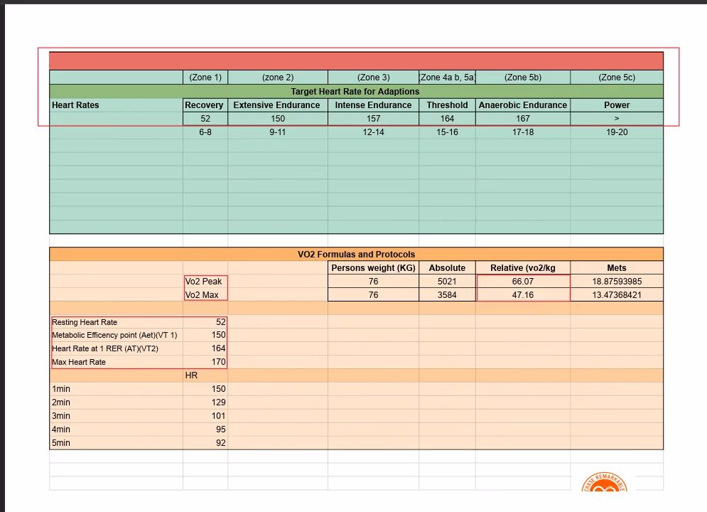 LATO AI Delta VO2 Max report sheet displaying target heart rate zones, endurance thresholds, VO2 formulas, and performance metrics for fitness analysis.