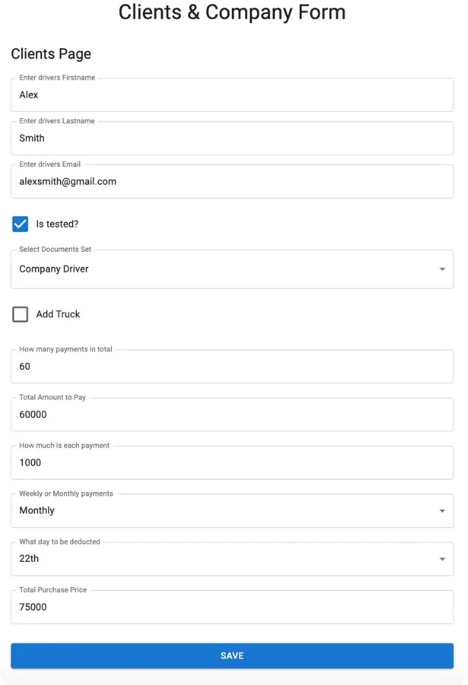 LATO AI Maybach Global clients and company form showing driver details, document selection, truck assignment, and automated payment setup for logistics management