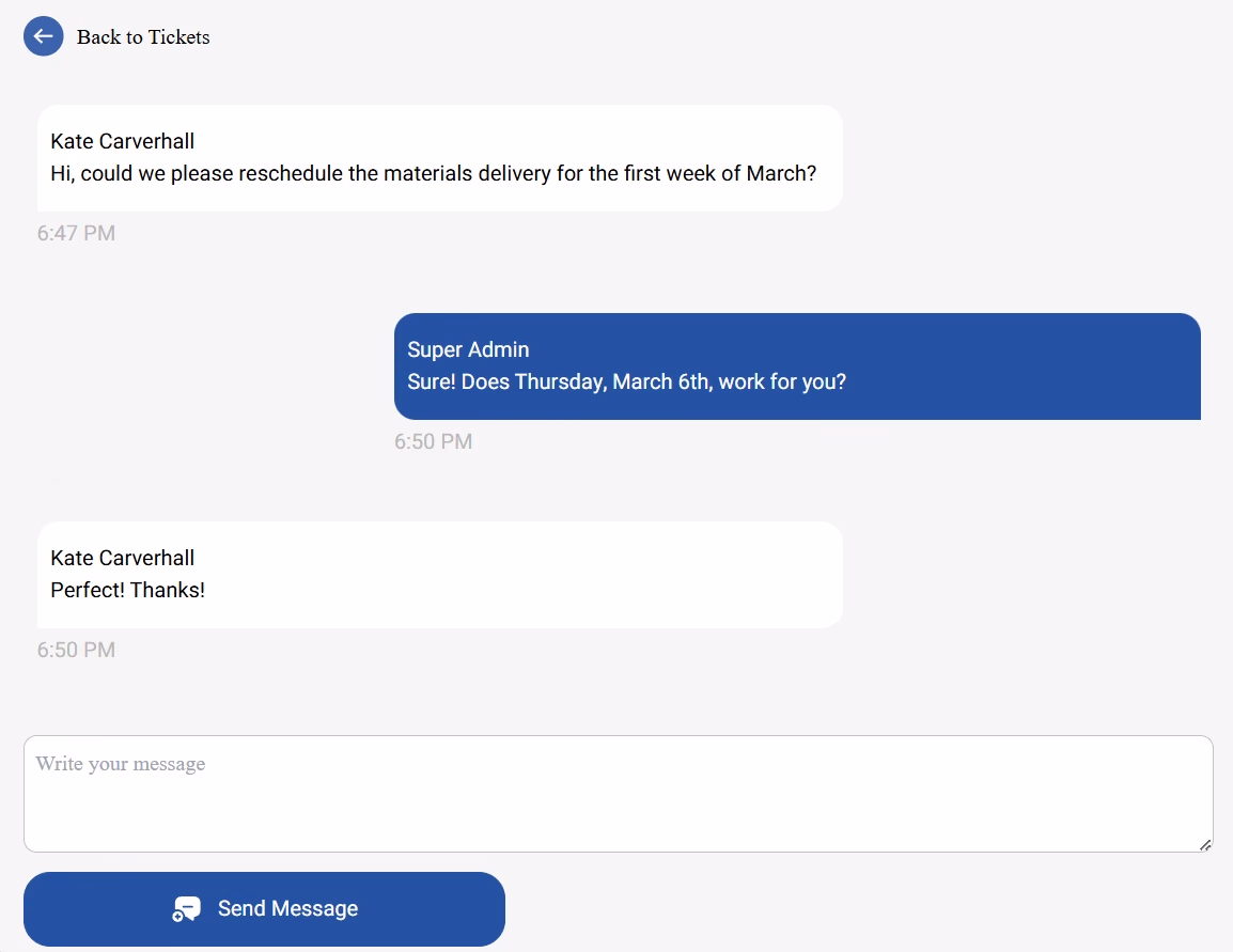 LATO AI Shly Deck & Fence ticket messaging system showing client and admin communication for rescheduling construction material delivery