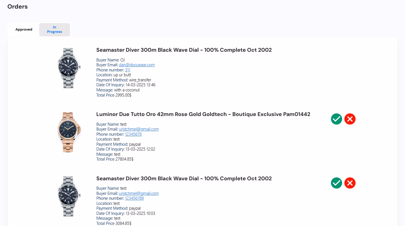 LATO AI Second Time admin dashboard orders in progress view showing watch orders with buyer details, payment method, date of inquiry and approval buttons