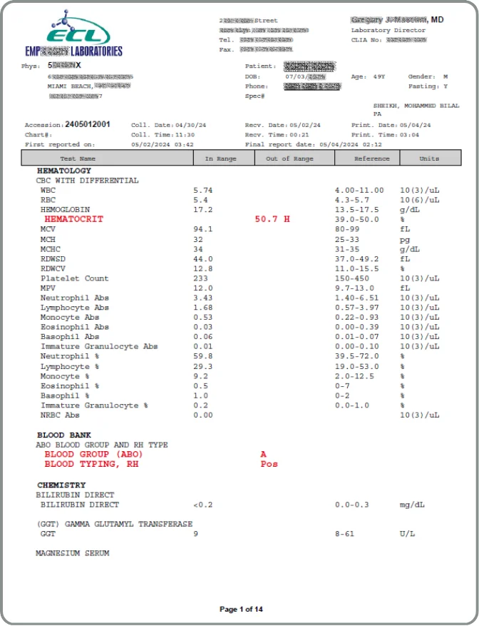 LATO AI Delta integrated blood test report showing hematology, blood group, and chemistry results for comprehensive health diagnostics.