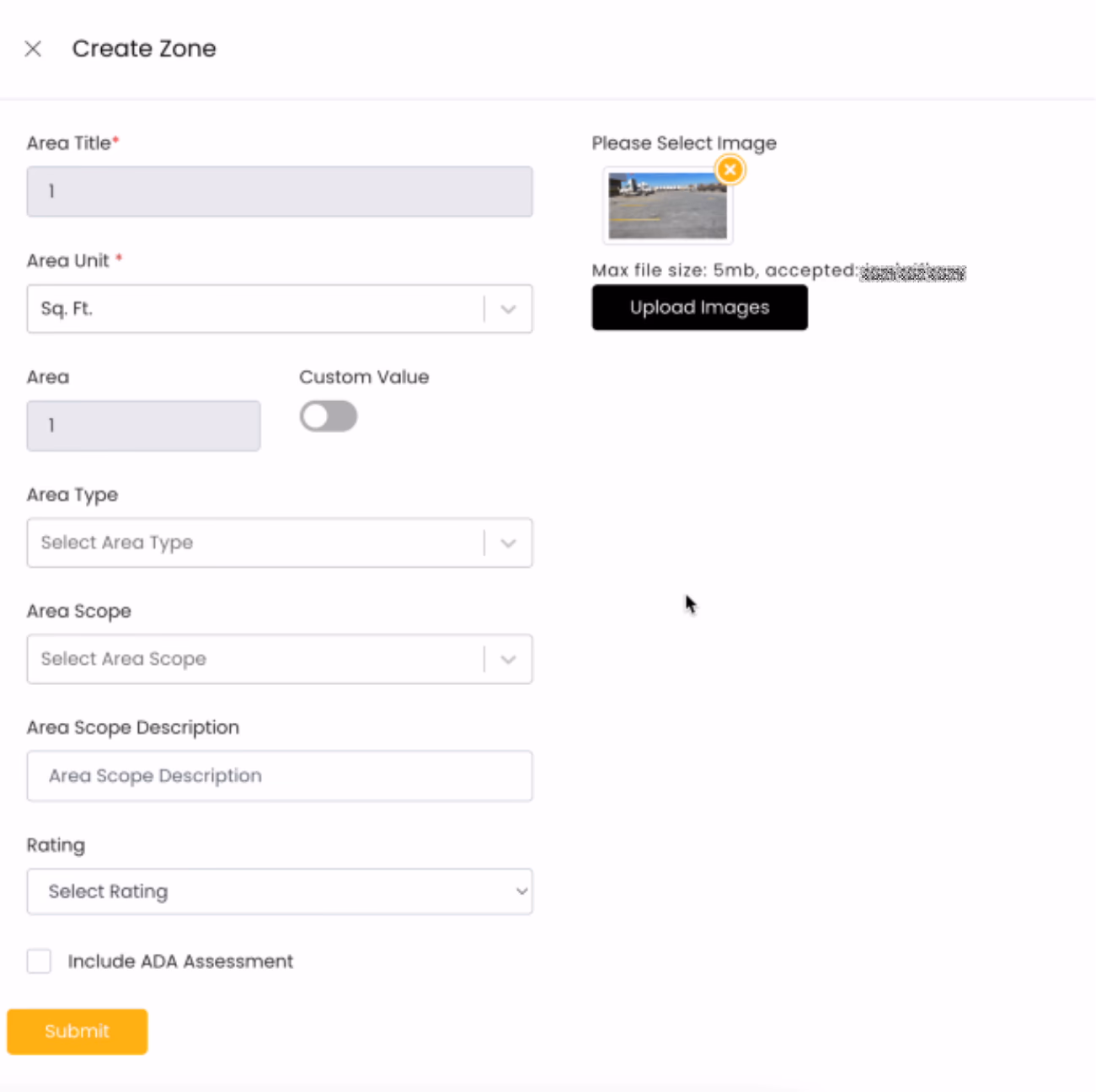 LATO AI The Pavement Group Create Zone form interface for defining pavement areas, including fields for title, unit, type, scope, description, rating, ADA assessment option, and image upload for site documentation.
