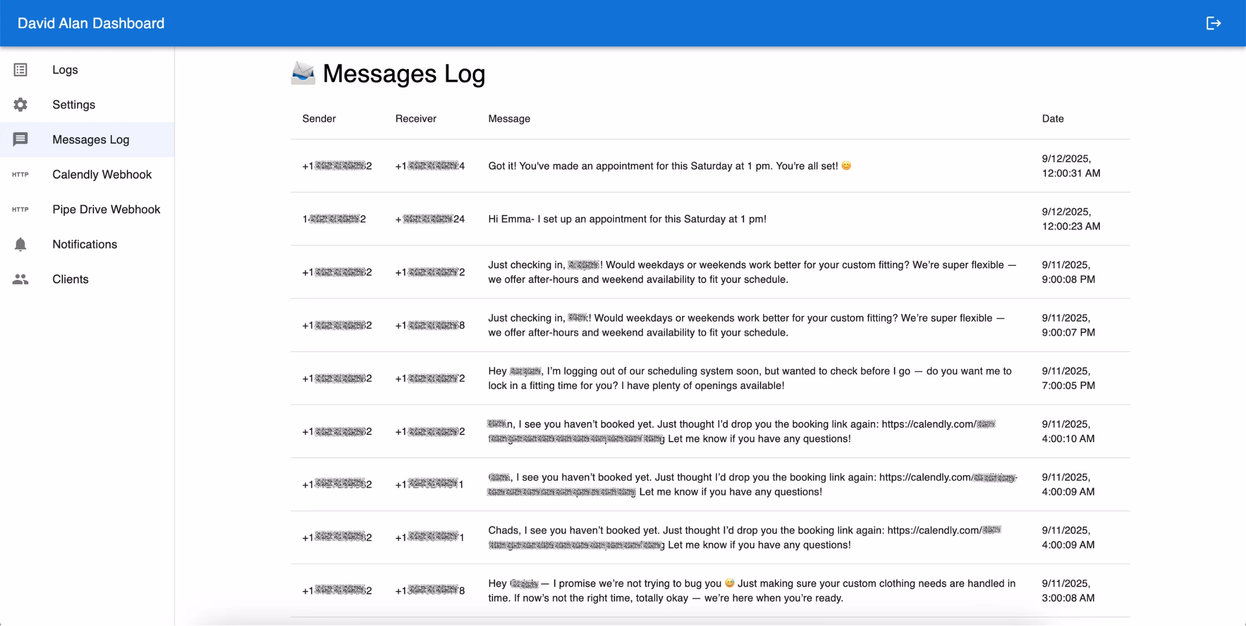 LATO AI David Alan dashboard messages log screen showing automated SMS reminders, booking confirmations, and client follow-ups for custom suit fittings.