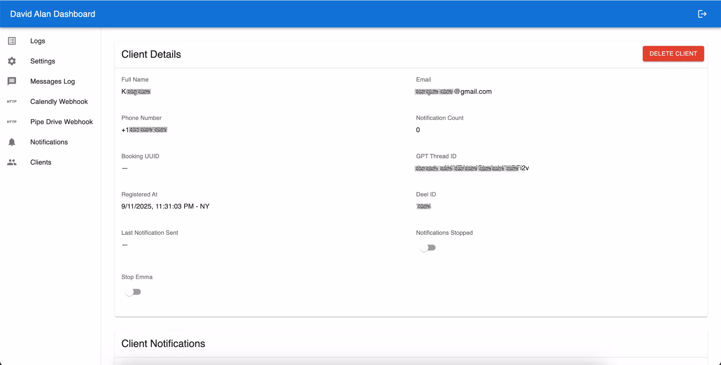 LATO AI David Alan dashboard client details view showing full name, email, phone number, registration date, notification count, and options to stop notifications or delete client.