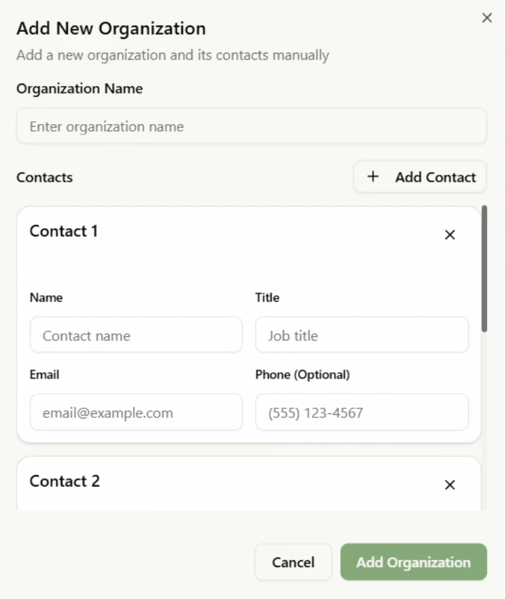 LATO AI FieldTurf platform screenshot of add new organization form with contact details, enabling AI-powered outreach setup and centralized data management.
