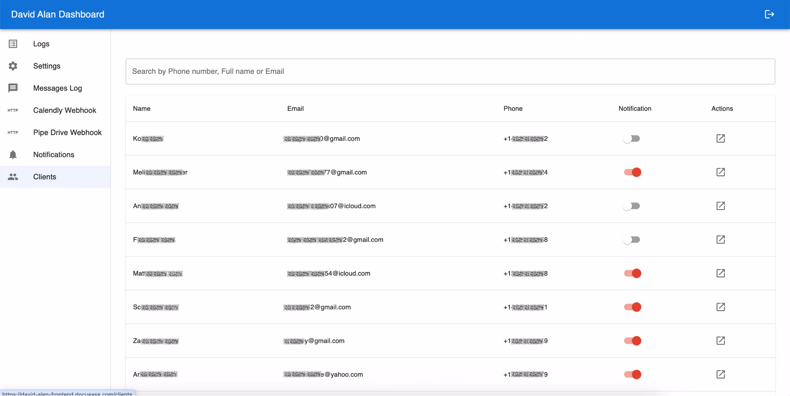 LATO AI David Alan dashboard client management screen, displaying a searchable client list with name, email, phone, notification toggle switches, and quick access action icons.