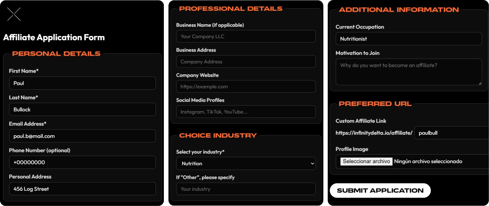 ChatGPT said: LATO AI Delta affiliate application form with sections for personal details, professional information, industry choice, motivation to join, and custom affiliate URL submission.