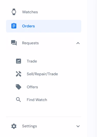 LATO AI Second Time admin dashboard sidebar showing menu with Watches, Orders, Requests, Trade, Sell Repair Trade, Offers, Find Watch and Settings options