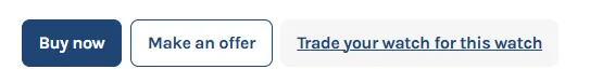 LATO AI Second Time product page action buttons including buy now, make an offer, and trade your watch options in AI-powered luxury watch marketplace