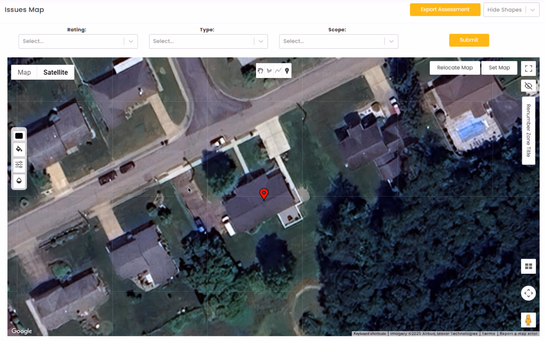 LATO AI The Pavement Group Issues Map screenshot displaying a satellite view with location pin, map controls, and filters for rating, type, and scope to support pavement condition assessments and reporting.