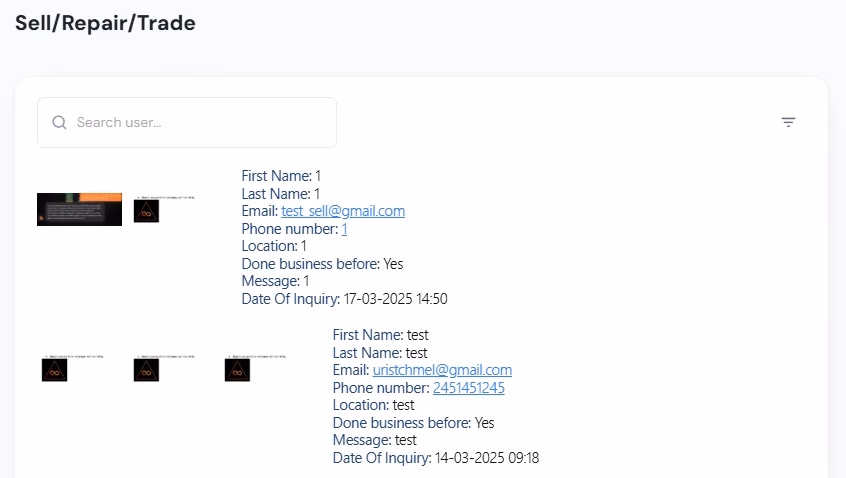 LATO AI Second Time admin dashboard Sell Repair Trade module showing customer inquiries with contact details, previous business history and attached files