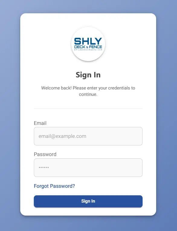 LATO AI Shly Deck & Fence login screen for secure access to construction job reporting and project management platform