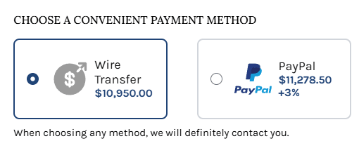 LATO AI Second Time payment method selection screen showing wire transfer and PayPal options with pricing in AI-powered luxury watch marketplace