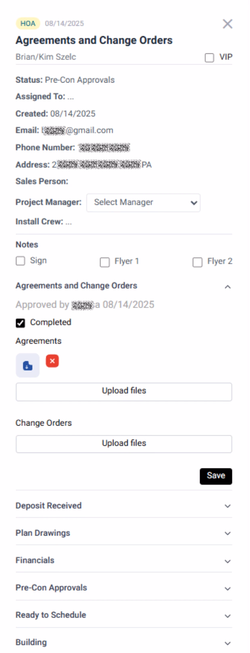 LATO AI Shly Deck & Fence Kanban detail view showing agreements and change orders with client information, project manager assignment, and file upload options for construction projects