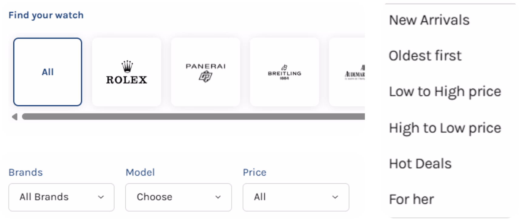 LATO AI Second Time luxury watch marketplace filters with brand, model, price selection and sorting options like new arrivals, hot deals, and for her