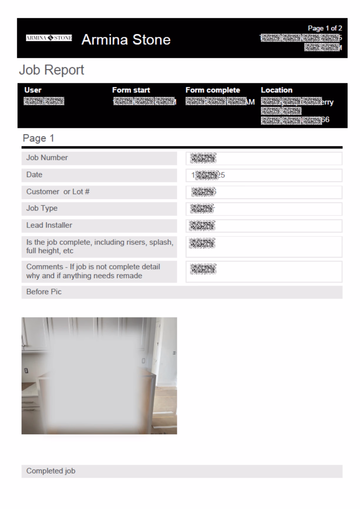 LATO AI Armina Stone job report form showing job number, customer details, installer information, completion notes, and project photo for construction reporting automation
