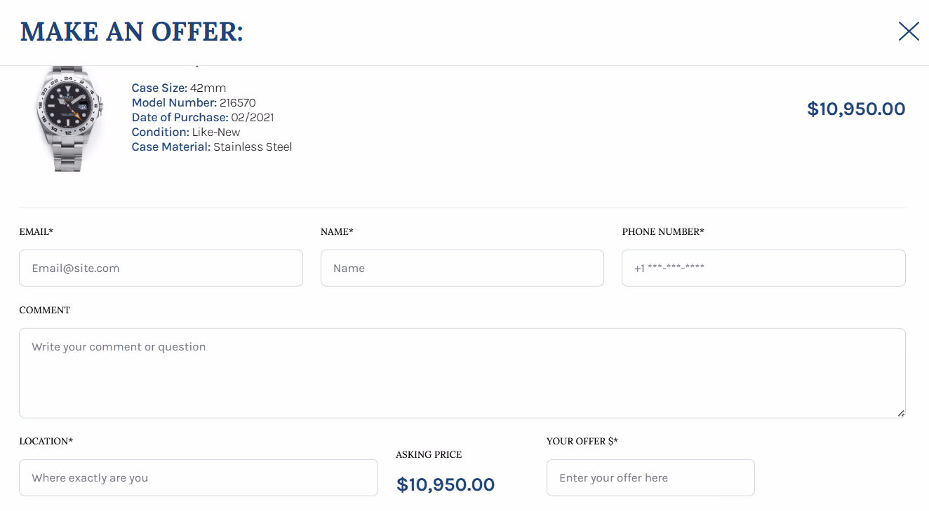 LATO AI Second Time make an offer screen for Rolex Explorer II Steve McQueen watch showing buyer form with contact details, comments, and custom price offer in AI-powered luxury watch marketplace