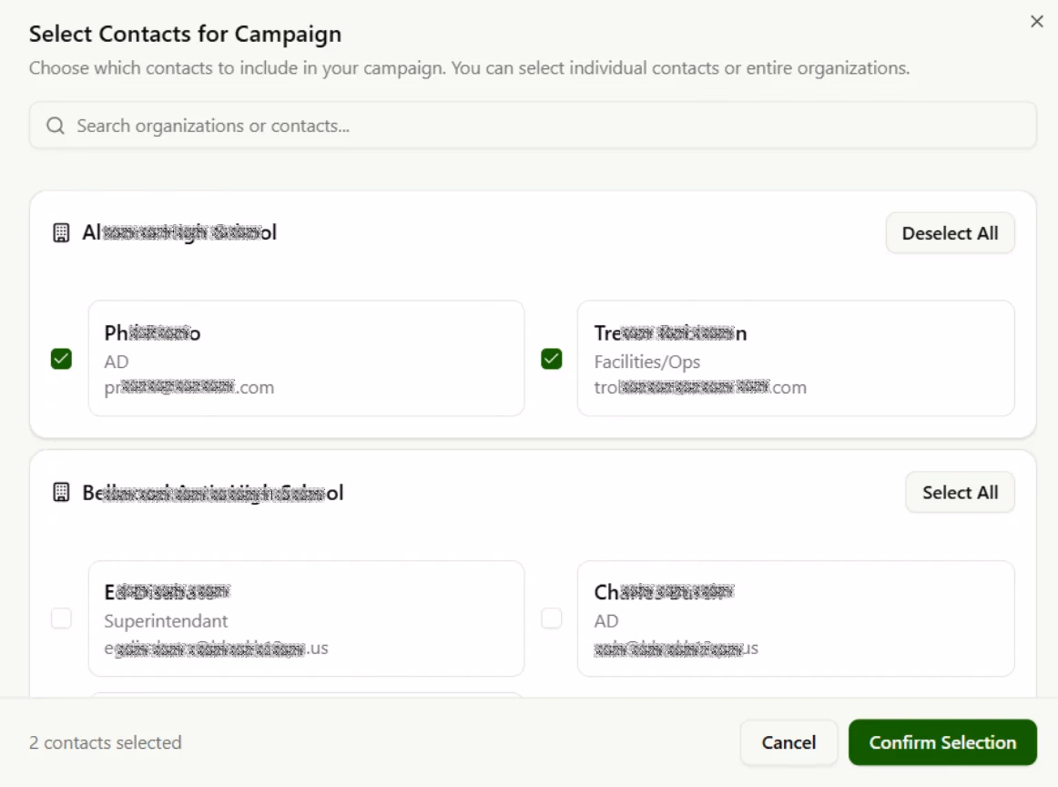 LATO AI FieldTurf platform screenshot showing contact selection interface for outreach campaigns, enabling targeted communication and AI-powered audience management.