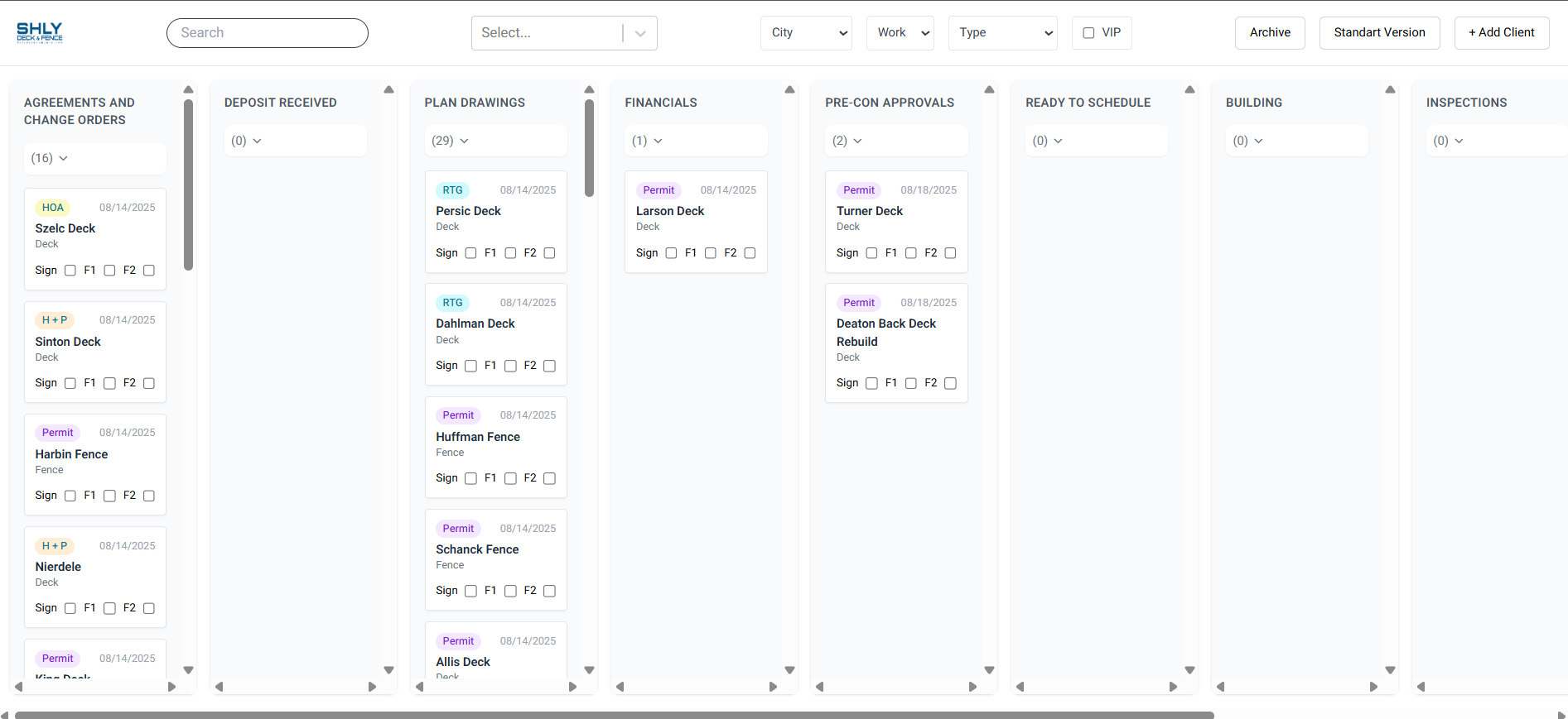 LATO AI Shly Deck & Fence Kanban board dashboard showing construction workflow stages including agreements, plan drawings, financials, pre-con approvals, scheduling, building, and inspections