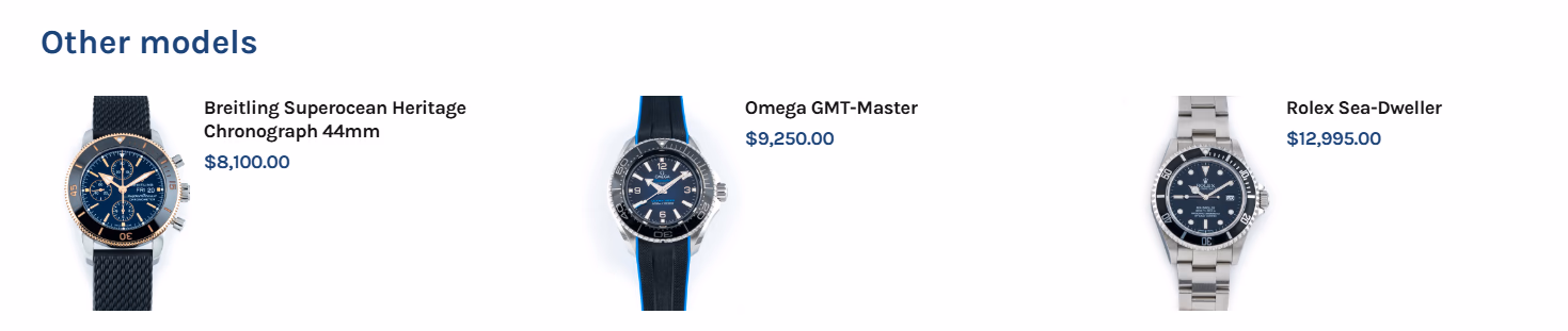 LATO AI Second Time related models section showing Breitling Superocean Heritage Chronograph, Omega GMT-Master, and Rolex Sea-Dweller with prices in AI-powered luxury watch marketplace