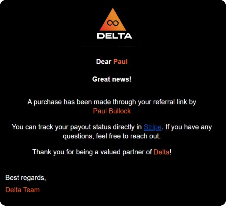 LATO AI Delta affiliate program notification email confirming a purchase made through referral link with payout tracking available via Stripe.