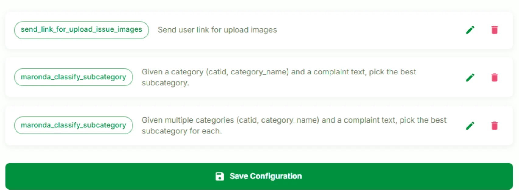 LATO AI Maronda Homes configuration screenshot showing functions for uploading issue images and classifying complaint subcategories.