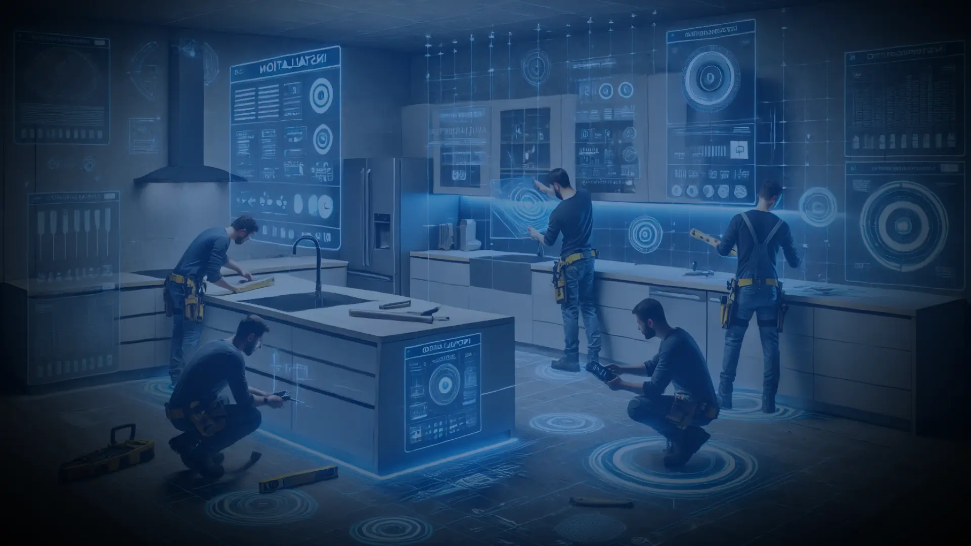 LATO AI Armina Stone installation team with AI-powered digital dashboards representing automated job reporting, service ticket triage, and hotlist prioritization for construction projects