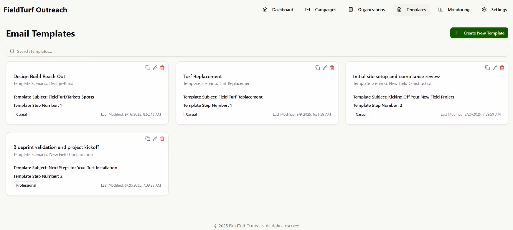 LATO AI FieldTurf platform screenshot showing email templates for outreach campaigns, supporting AI-powered communication workflows and personalized messaging.