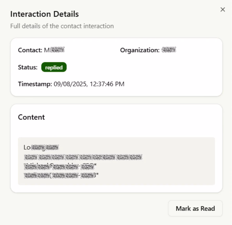 LATO AI FieldTurf platform screenshot showing interaction details with contact information, status, timestamp, and message content, highlighting AI-powered outreach tracking and customer engagement.