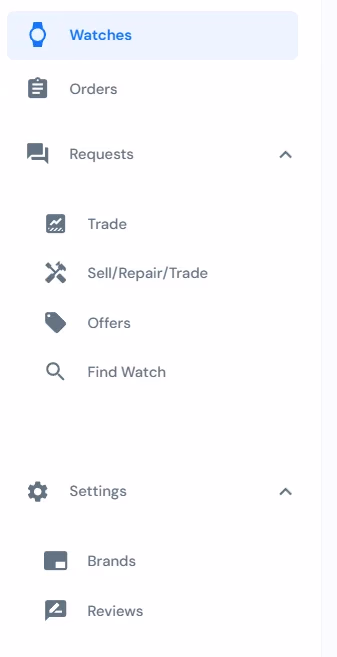 LATO AI Second Time dashboard menu with watches, orders, trade, sell repair trade, offers, find watch, brands and reviews settings