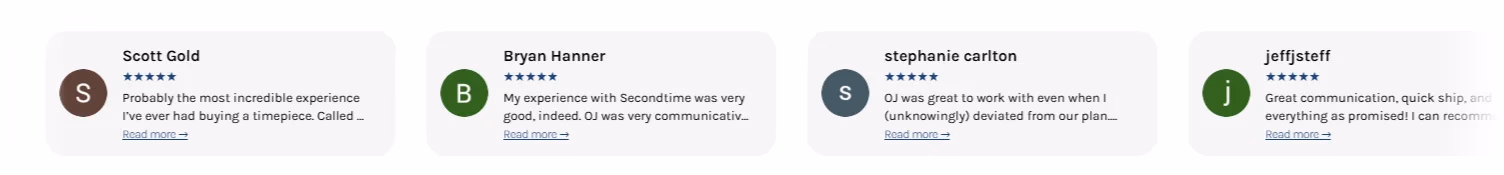 LATO AI Second Time customer testimonials showing 5-star reviews from buyers about luxury watch purchases and service