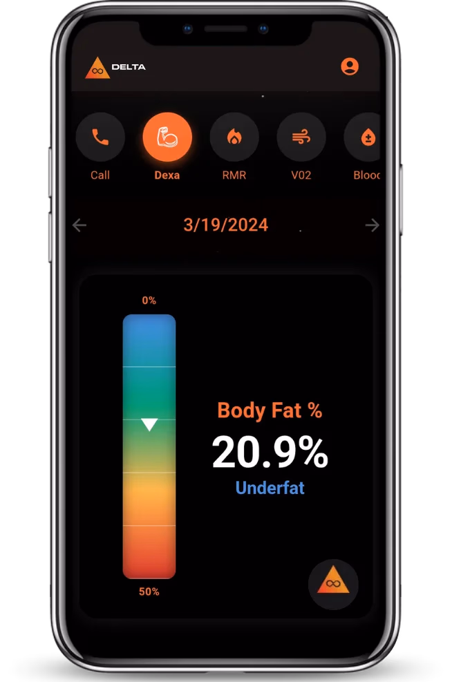 LATO AI Delta mobile app dashboard showing Dexa body composition results with body fat percentage analysis and health tracking interface.